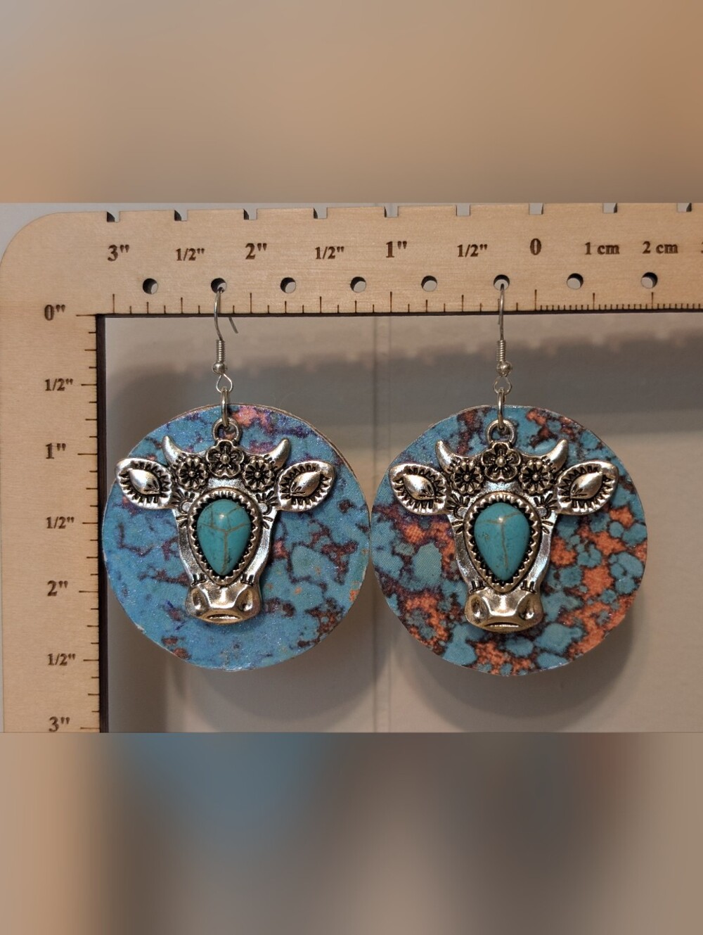 Turquoise & Silver Bull Head Statement Earrings